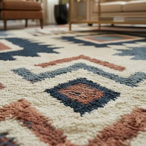 Hand Tufted Wool Southwestern Rug, Geometric Tribal Area Carpet, Cream Blue Terracotta Home Decor image 3
