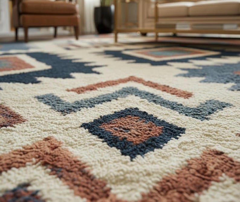 Hand Tufted Wool Southwestern Rug, Geometric Tribal Area Carpet, Cream Blue Terracotta Home Decor image 3