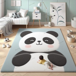 Alfombra de panda personalizable donde los padres pueden agregar el nombre de su hijo para crear una pieza de decoración especial. Una alfombra de panda divertida, decoración del hogar.