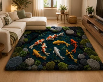 Alfombra de lana tejida a mano con diseño de estanque de peces koi, alfombra colorida inspirada en la naturaleza.