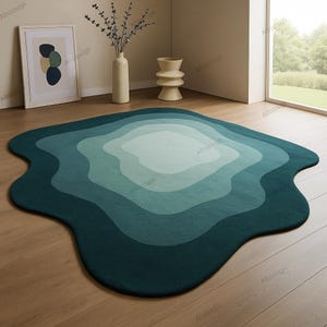 Teal Green Gradient Area Rug – Ocean-Inspired Abstract Floor Art in Aqua and Emerald Layers for Japandi, Zen, or Modern Minimalist Interiors