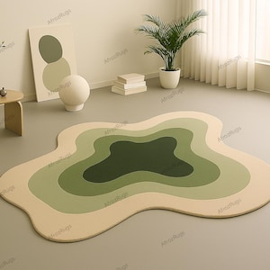 Green Wavy Abstract Rug – Organic Shape Layered Sage and Forest Tones, Nature Inspired Modern Accent Carpet for Living Room or Bedroom