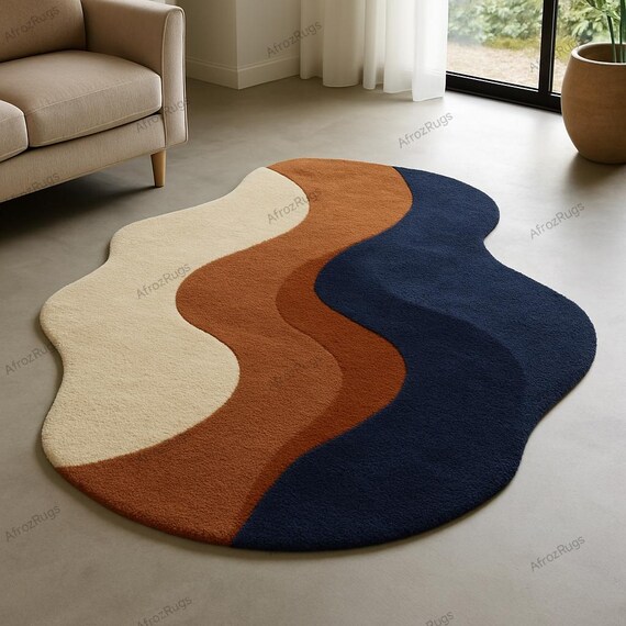 Abstract Wool Rug – Modern Boho Living Room Decor, Burnt Orange Navy Beige