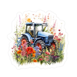 Autocollant tracteur dans un champ de fleurs - Un beau mélange de nature et de vie à la ferme