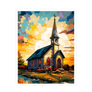Country Church at Sunset Sticker - A Serene Slice of Rural Bliss