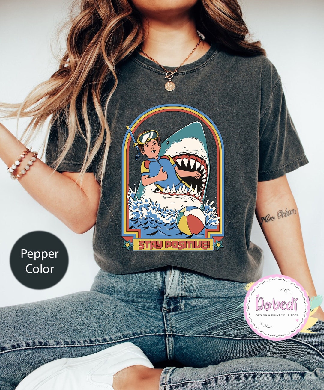 Stay Positive Shark Attack Vintage Retro Comedy Funny Comfort Colors ...