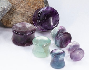 Rainbow Fluorite Double Flare Plugs: Hand-Carved Stone Tunnels