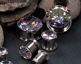 Multi-Coloured Diamond / Plug / Stainless Steel Metal Ear, Screw back - Stretched Ears - Plugs 6MM - 20MM