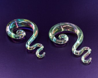 Glass Ear Hangers - Mermaid - Iridescent Pearl Blue - Stretched Ears - Glass Swirl