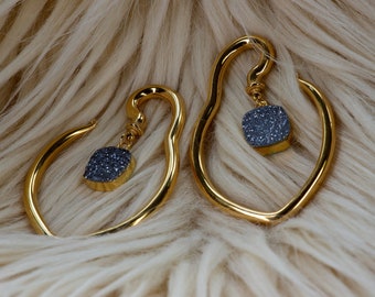 Ear Hangers - Druzy - Stainless Steel 316L - 4mm - Gold - Gauges - Tunnels - Plugs - Ear Weights for Stretched Ears