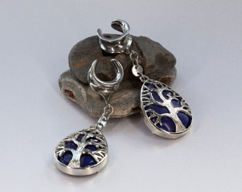 Ear Saddles - Tree of Life - Lapis Lazuli - Stretched Ears, Tunnels - Silver - Stainless Steel 316L