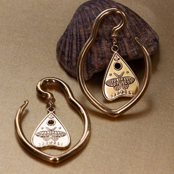 Ear Hangers - Ouija - Planchette, Lunar Moth - Stainless Steel 316L - 4mm - Gold - Gauges - Ear Weights