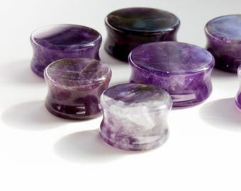 Amethist edelsteenstekkers: dubbel uitlopende kristalpluggen voor gestrekte oren: 6 mm - 30 mm