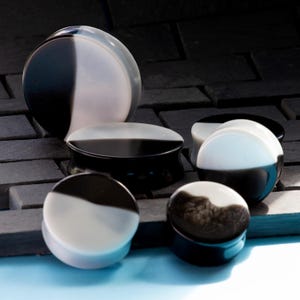 May include: An assortment of black and white ear plugs in different sizes and styles. The plugs are divided diagonally, with one half black and the other half white. Some have a clear, translucent finish.