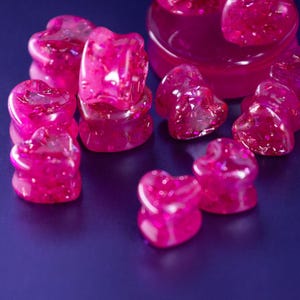 Pink Glitter Heart Plugs: Epoxy Resin Double Flared Ear Jewellery (6MM-48MM)