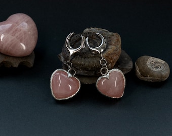 Ear Saddles - Rose Quartz Heart - Stretched Ears, Tunnels - Silver - Stainless Steel 316L