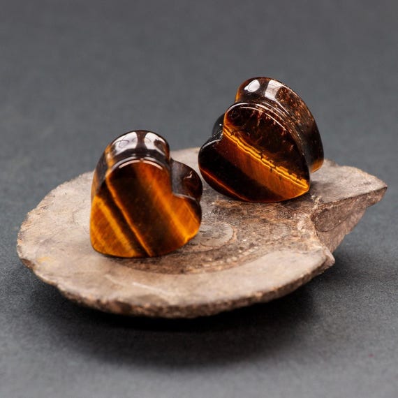 Tiger's Eye Crystal Heart Plugs: Hand Carved Plugs for Stretched Ears