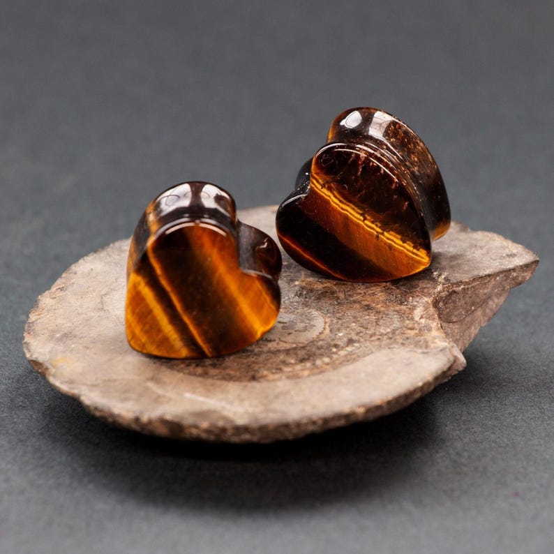 Tiger's Eye Crystal Heart Plugs: Hand Carved Plugs for Stretched Ears image 1