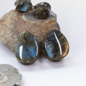 May include: A pair of oval-shaped labradorite stone ear gauges, with a blue and green iridescent sheen, resting on a rock.