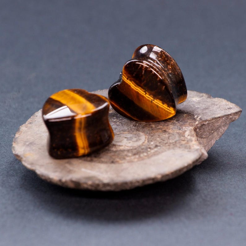 Tiger's Eye Crystal Heart Plugs: Hand Carved Plugs for Stretched Ears image 2
