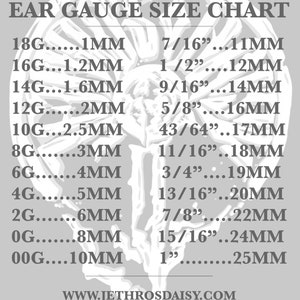 May include: A chart showing ear gauge sizes in millimeters and inches. The chart lists sizes from 18 gauge to 00 gauge, with corresponding measurements in millimeters and fractions of an inch. The chart is printed on a white background with a gray image of a dragon.