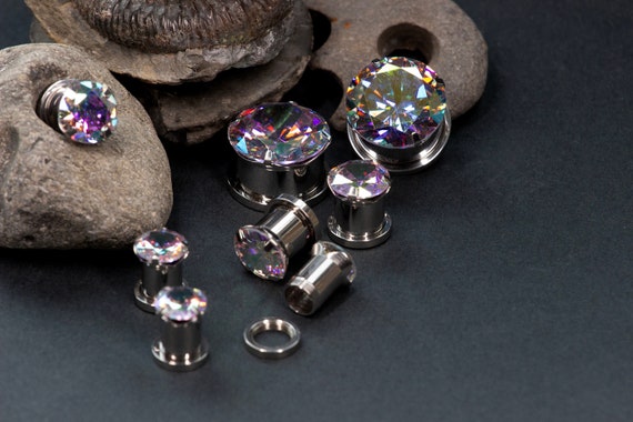 Diamond Plugs: 316L Stainless Steel Screw Back - 6MM - 20MM Stretched Ears