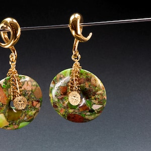 Green & Gold Goddess Ear Weights: Regalite Jasper Stone Hangers Stretched Ears