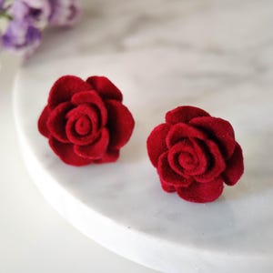 3D Red Velvet Rose Earrings: Sterling Silver Studs