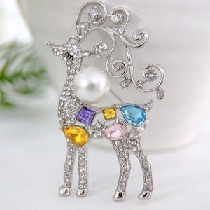 Dainty Christmas Deer Brooch, Colorful Gemstone Deer Brooch, Gold Reindeer Pin, Sliver Enamel Pin, Winter Holiday Gift Ideas, Cute...