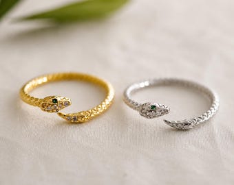 Adjustable Snake Ring, 18K Gold Plated Sterling Silver Green Eye Serpent Jewelry