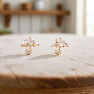 18K Gold Umbrella Stud Earrings, Gold Earrings, Umbrella Earrings, Crystal Jewelry, Rainy Earrings, Birthday Gifts