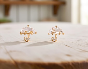 18K Gold Umbrella Stud Earrings: Crystal Rainy Day Jewelry