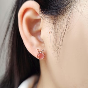 Pink rabbit stud earrings, Pink Moonstone earrings, Crystal earrings, Animal earrings, Rabbit earrings, Hare earrings, Cute...