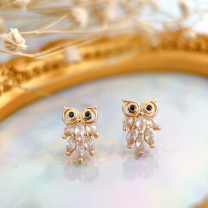 Sterling Silver Owl Stud Earrings: CZ Crystal Art Nouveau Jewelry