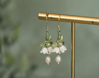 Pendientes colgantes de perlas y lirios del valle, joyería nupcial floral de plata de ley chapada en oro