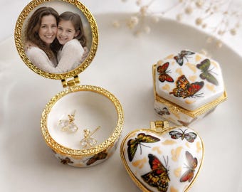 Custom Photo Jewelry Box, Butterfly Ceramic Keepsake Box, Personalized Gift for Her, Vintage Style Jewelry Storage Box, Memory Gift Box