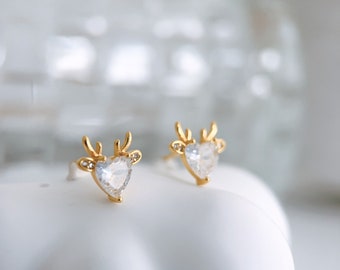 Christmas deer earrings-Gold deer earrings-Antler earrings-Cz gold earrings-Minimalist style-Christmas gift for mom, Cute...