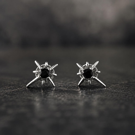 Black Obsidian Stud Earrings | Unisex Minimalist Starburst Spike Earrings | Silver Black Stone Jewelry | Gift for Him Her Everyday Wear