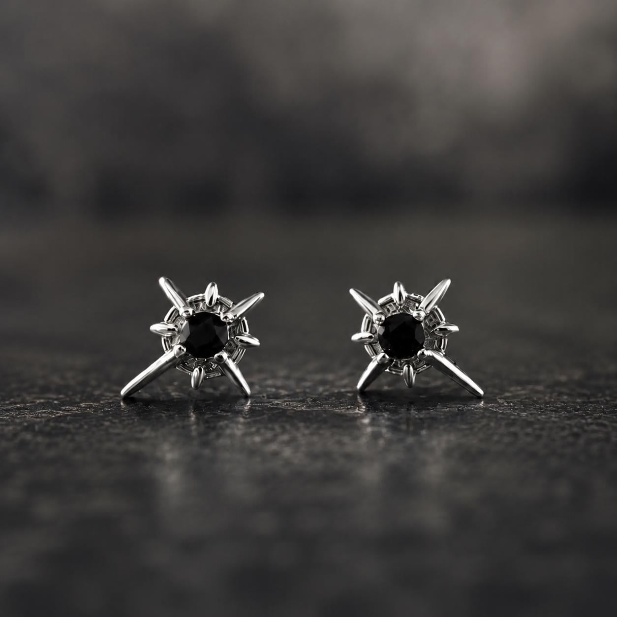 Black Obsidian Stud Earrings Unisex Minimalist Starburst Spike Earrings Silver Black Stone Jewelry Gift for Him Her Everyday Wear