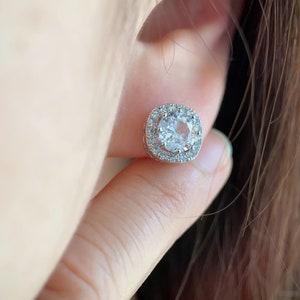Cushion Cut Zircon Stud Earrings, Halo CZ Earrings, Sterling Silver Earrings for Women, Elegant Bridal Jewelry, Minimalist Gift for Her