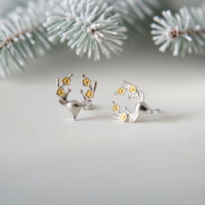 Sterling Silver Deer Earrings, Small Deer Earrings, Reindeer Earrings,Flower Earrings, Antlers Earrings, End of Year Gift, Cute