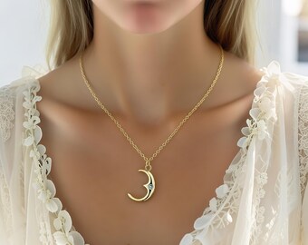 14K Gold Moon Jewelry Set: Minimalist Necklace & Adjustable Ring