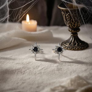 Tiny Unisex Gothic Starburst Earrings | Sleek Black Obsidian & Sterling Silver for Cartilage | Perfect Gift for Goth Lover