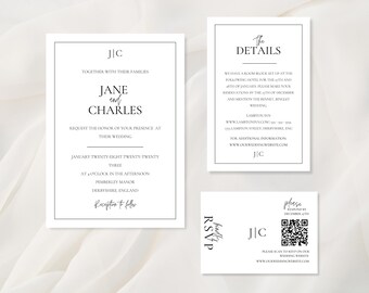 Simple Minimalist Wedding Invitation Set | Monogram RSVP Bundle with QR code, Editable Canva Template, Instant Download