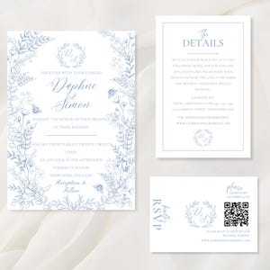 Invitación de boda con elegante diseño de flores silvestres, dibujada a mano, con monograma RSVP y código QR, descarga instantánea.