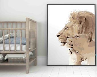 Impression famille lion : oeuvre d'art murale Safari pour chambre d'enfant (fichier PNG)