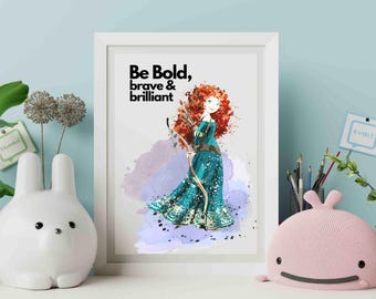 Impression d'art aquarelle Disney Brave Merida, décoration murale pour chambre de bébé (PNG)