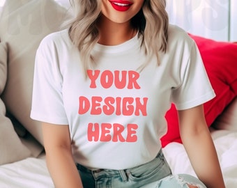 Bella Canvas 3001 vit t-shirt mockup, 3001 vit t-shirt mockup, kvinnlig modell mockup, vit Bella Canvas skjorta mockup, livsstil mockup