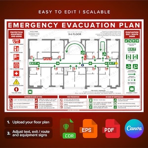 Puede incluir: Plan de evacuación de emergencia sobre un fondo rojo. El plan incluye un plano del edificio con rutas de salida, instrucciones de seguridad contra incendios y símbolos de equipos. El texto incluye "Plan de evacuación de emergencia" y "3er piso."