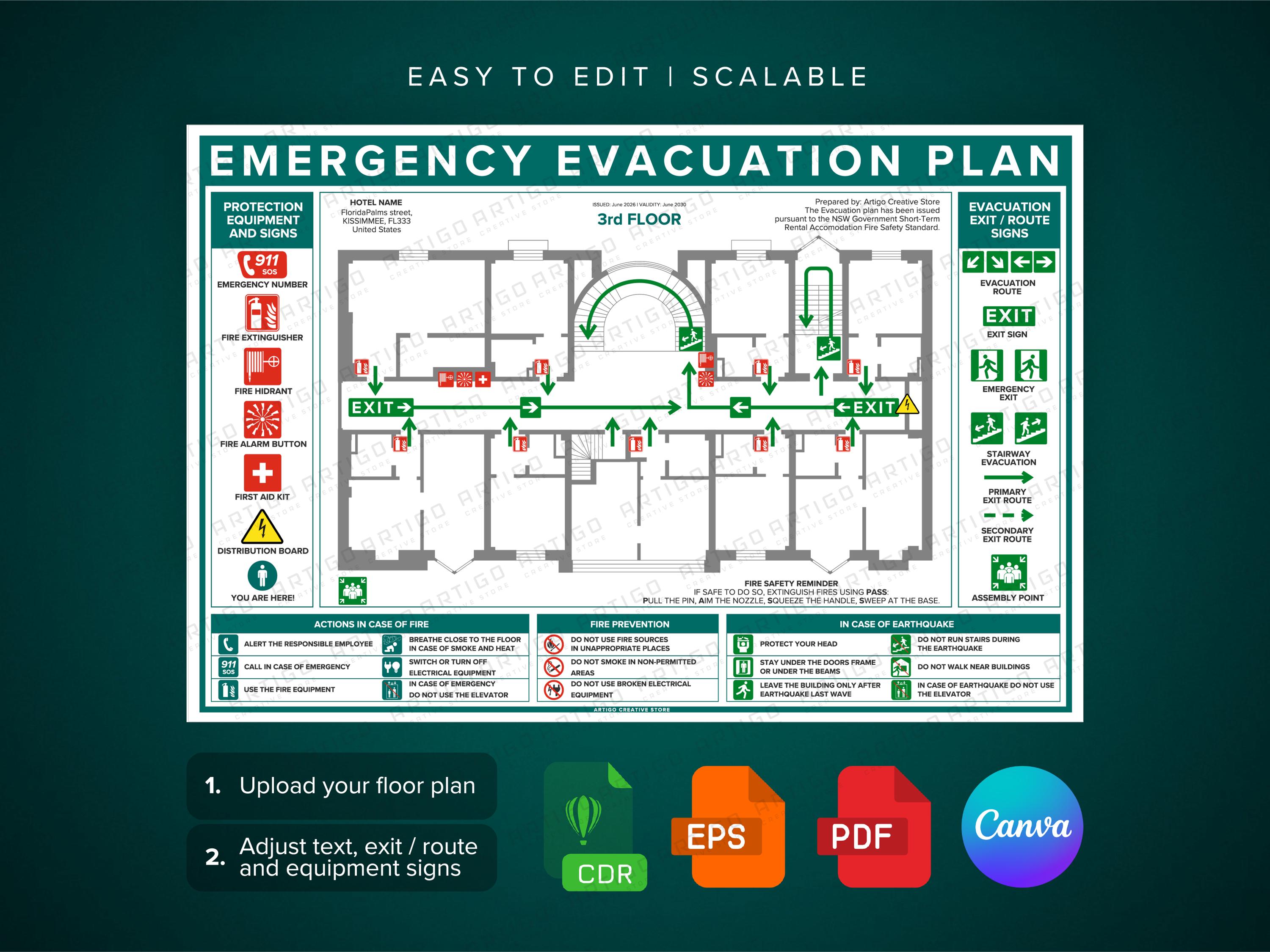 Editable Emergency Evacuation Plan Template (canva, CDR, EPS, PDF) - Etsy
